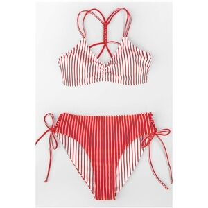 CUPSHE Red stripes Back Braided Straps Reversible Bottom Strappy Lace Up Bikini